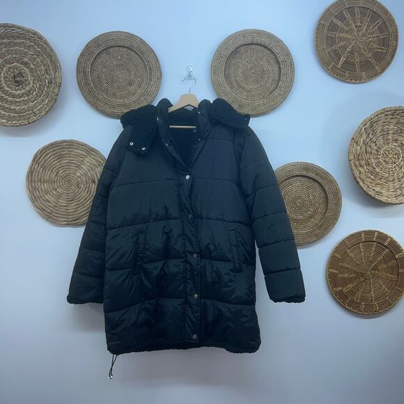 SEB by Sebby Black Fleece Puffer Reversible Long Winter Coat Hooded XL - Picture 1 of 7